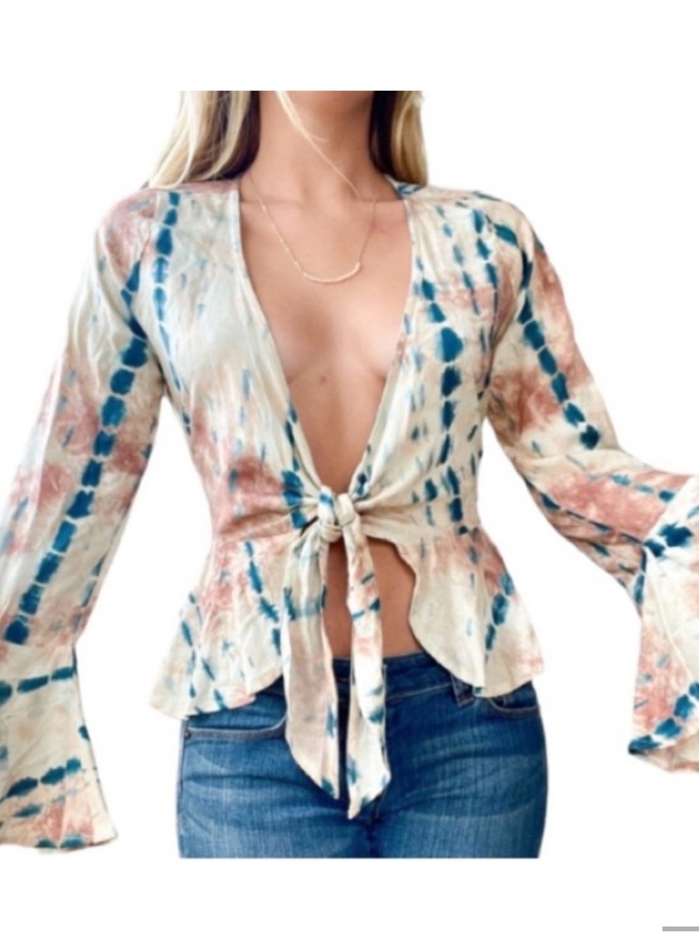 Venus Women's XL Indigo Beige Rust Tie Front Tie-Dye Blouse NEW